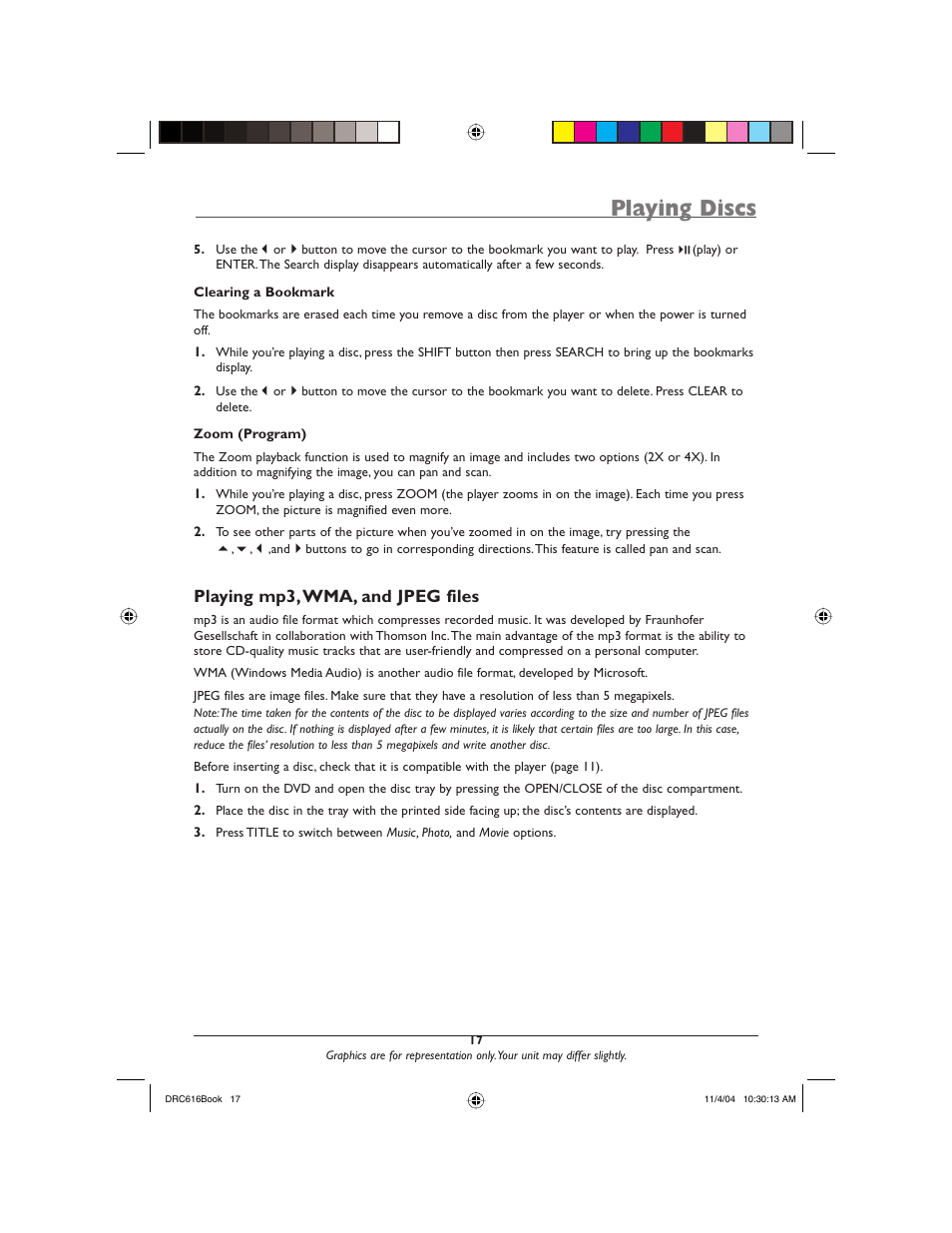Playing discs, Playing mp3, wma, and jpeg files | RCA DRC616N User Manual | Page 19 / 40