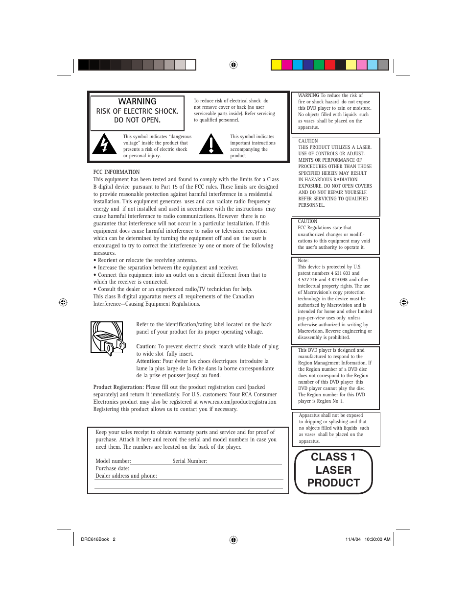 Class 1 laser product, Warning | RCA DRC616N User Manual | Page 2 / 40