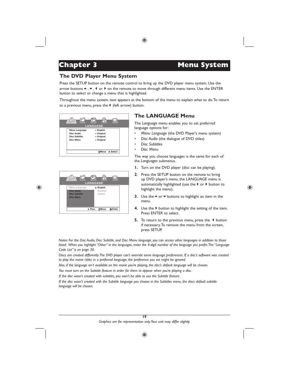 Chapter 3 menu system, The language menu, The dvd player menu system | RCA DRC616N User Manual | Page 21 / 40