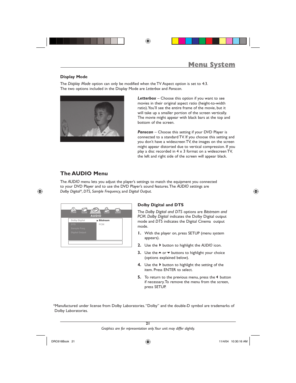Menu system, The audio menu | RCA DRC616N User Manual | Page 23 / 40