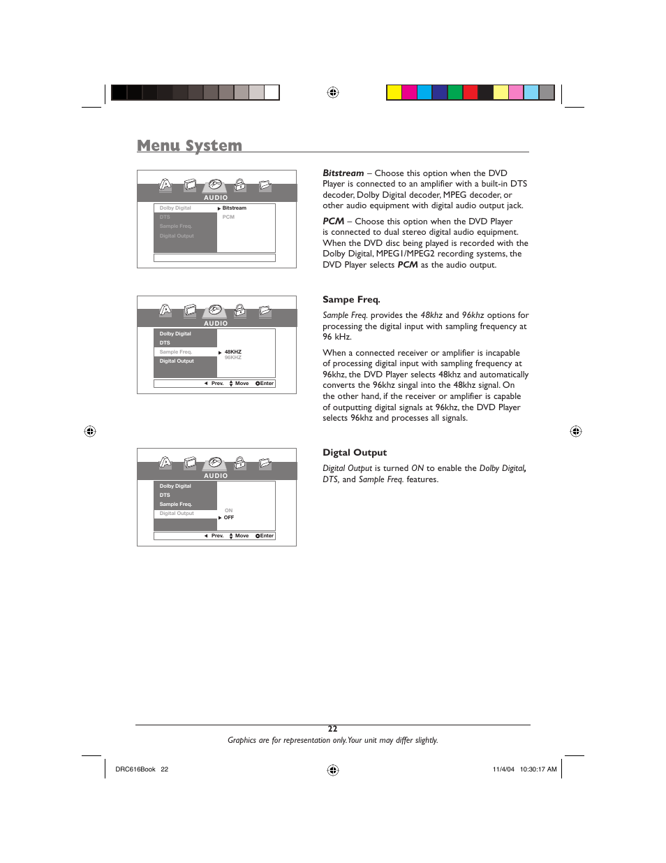 Menu system, Bitstream, Sampe freq | Digtal output | RCA DRC616N User Manual | Page 24 / 40