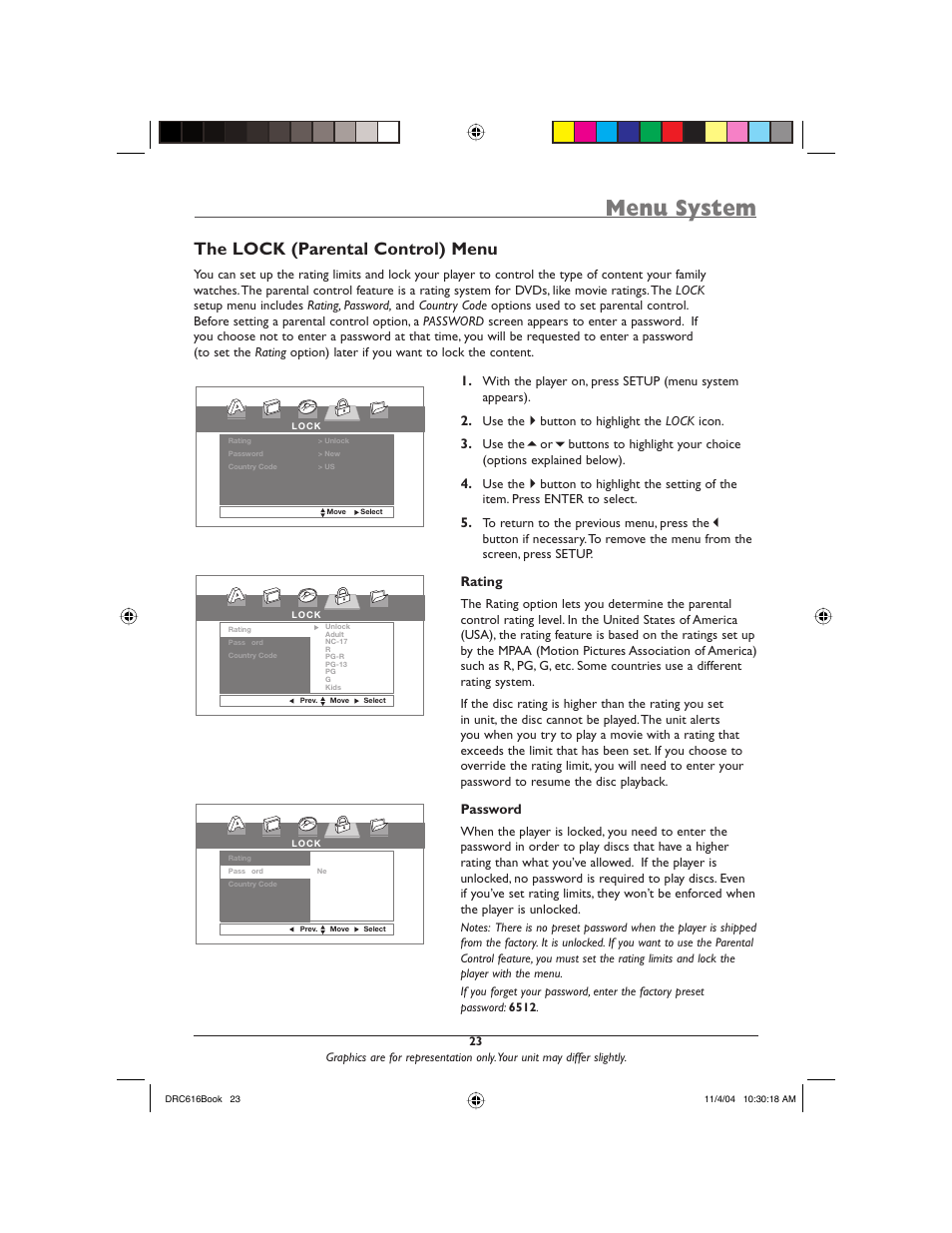 Menu system, The lock (parental control) menu | RCA DRC616N User Manual | Page 25 / 40