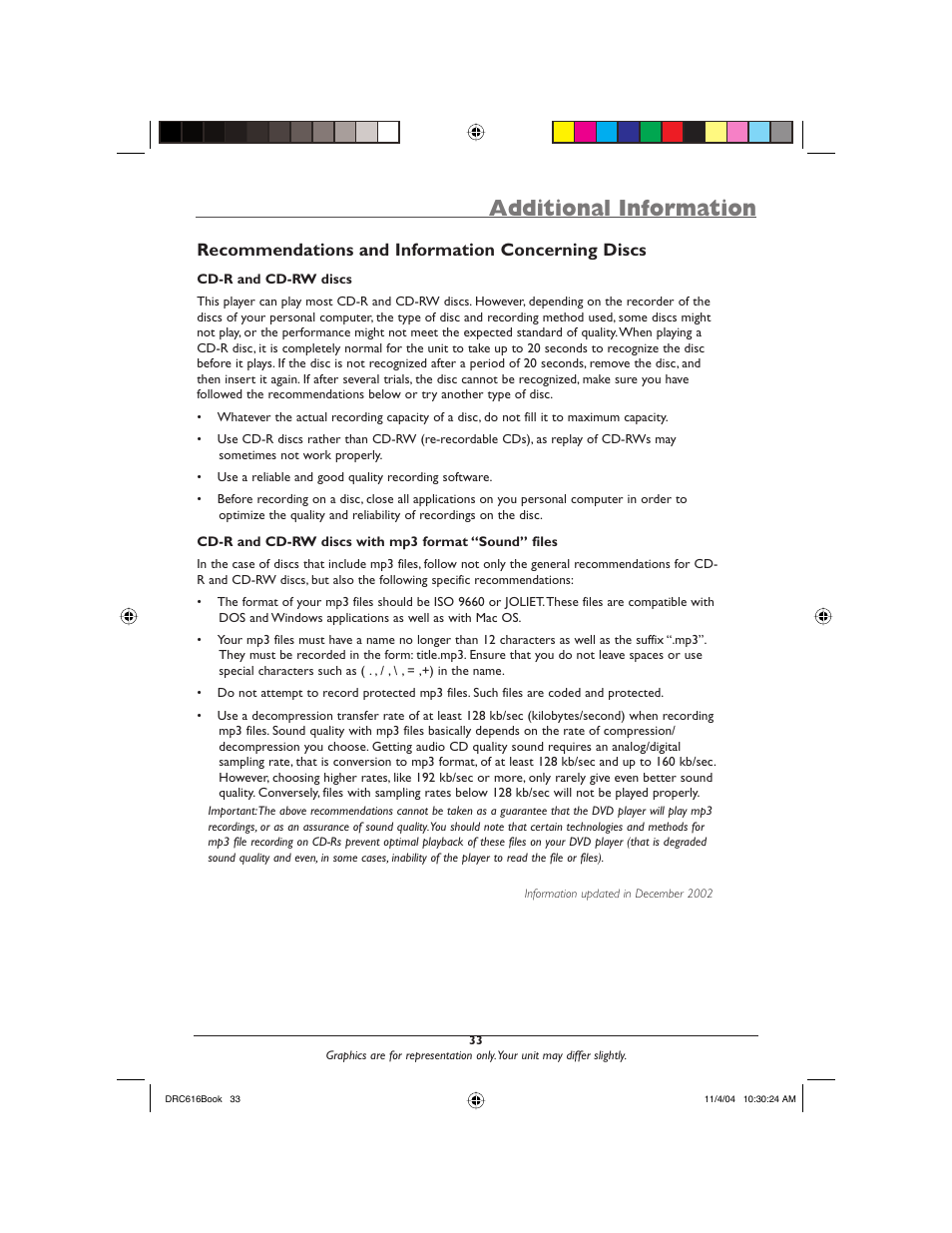 Additional information, Recommendations and information concerning discs | RCA DRC616N User Manual | Page 35 / 40