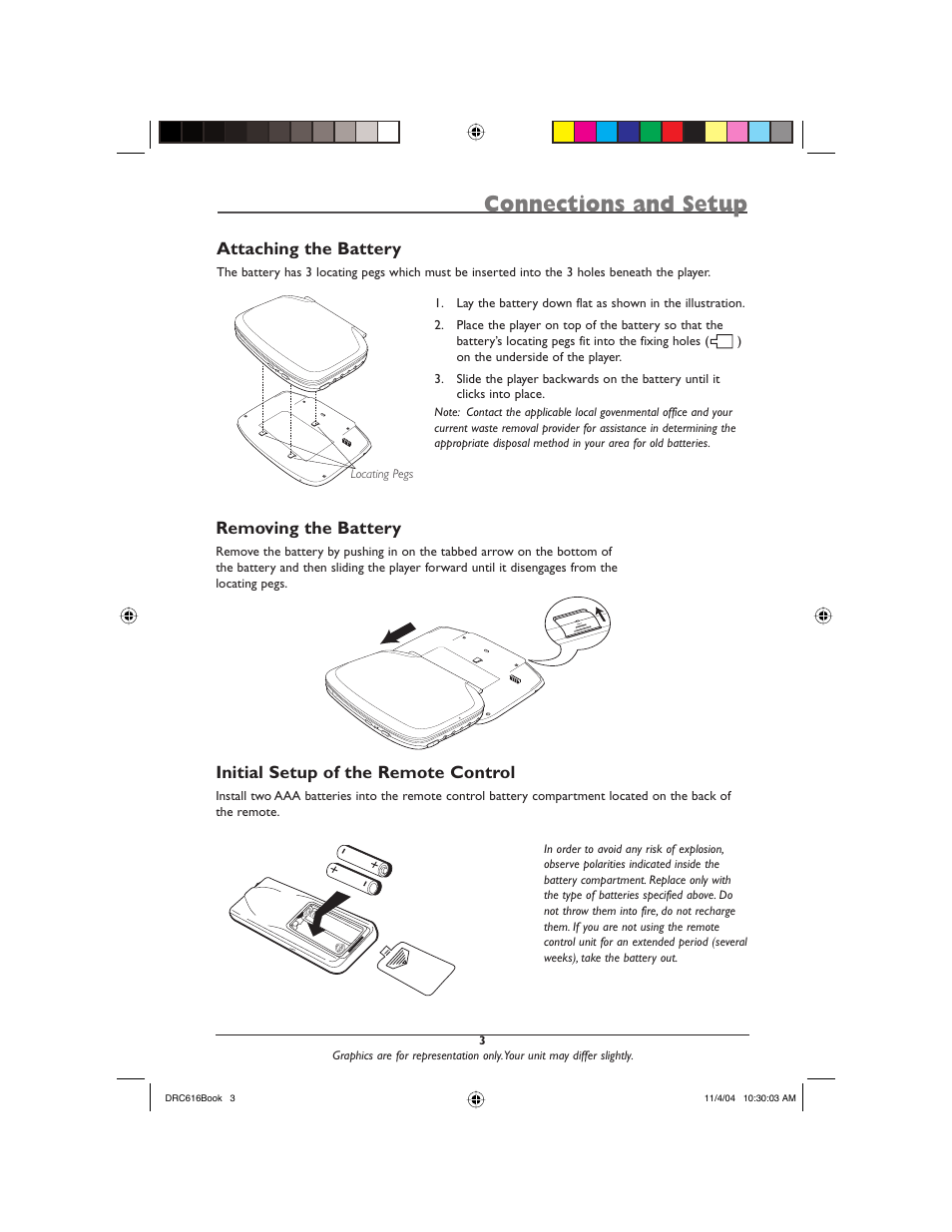 Connections and setup, Attaching the battery, Removing the battery | Initial setup of the remote control | RCA DRC616N User Manual | Page 5 / 40