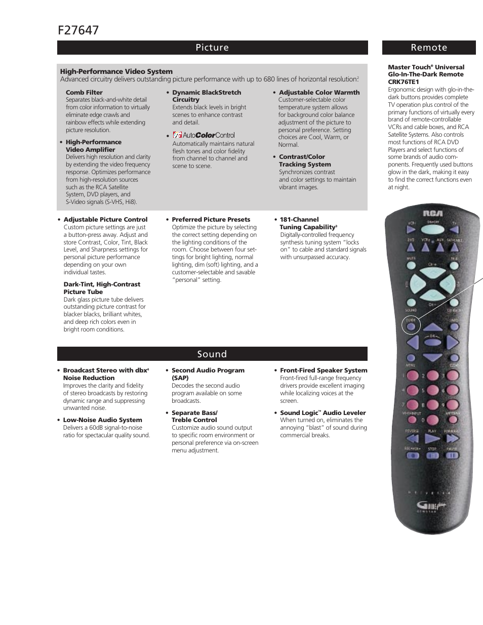 Picture remote sound | RCA F27647 User Manual | Page 2 / 4