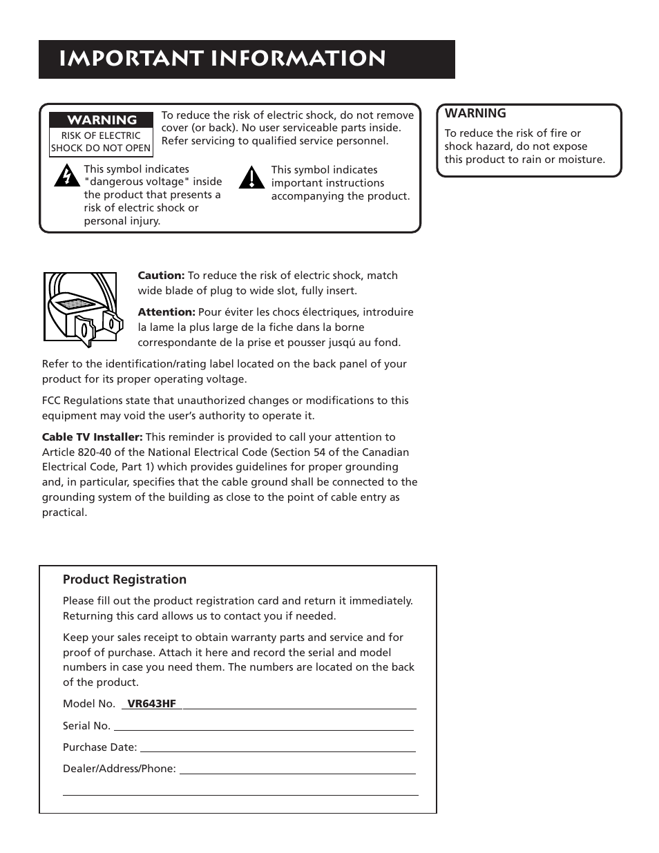 Important information | RCA VR643HF User Manual | Page 2 / 72