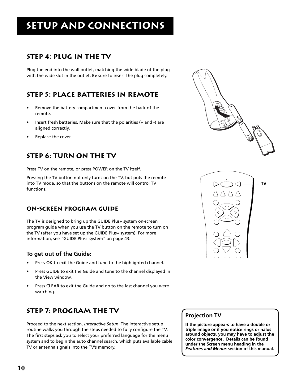 Setup and connections, Step 4: plug in the tv, Step 5: place batteries in remote | Step 6: turn on the tv, Step 7: program the tv, Projection tv, On-screen program guide | RCA P52960 User Manual | Page 12 / 64