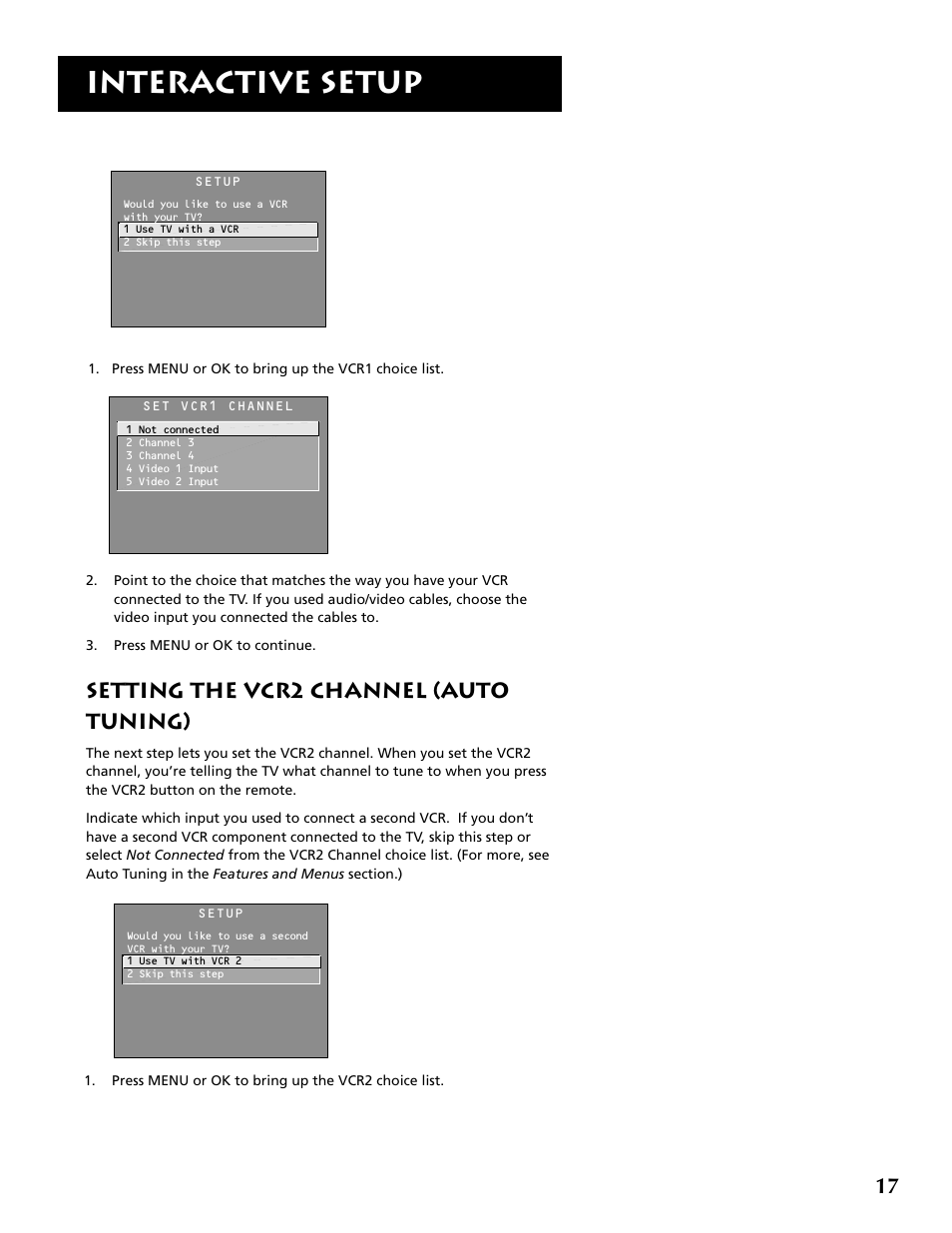 Interactive setup, Setting the vcr2 channel (auto tuning) | RCA P52960 User Manual | Page 19 / 64