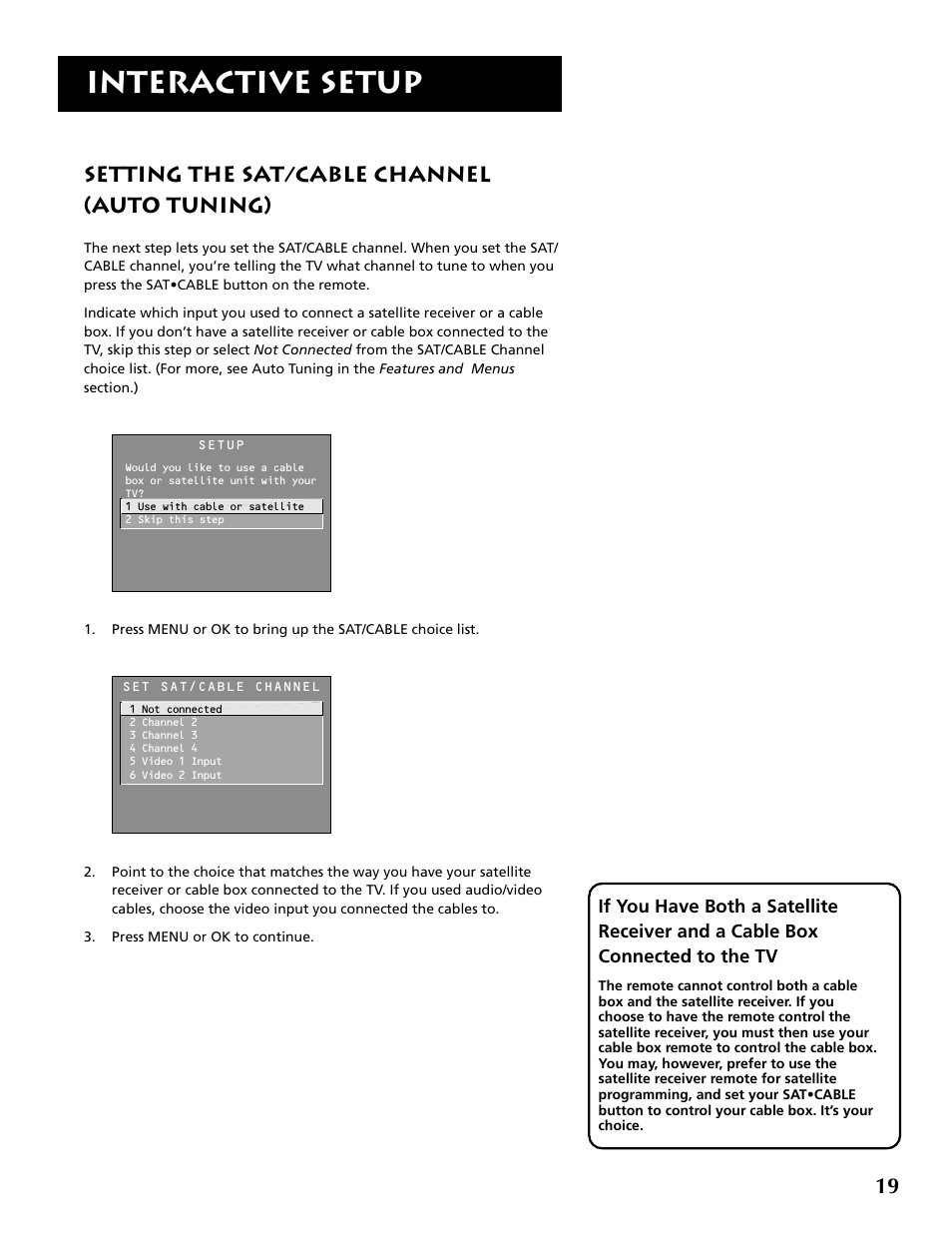 Interactive setup, Setting the sat/cable channel (auto tuning) | RCA P52960 User Manual | Page 21 / 64