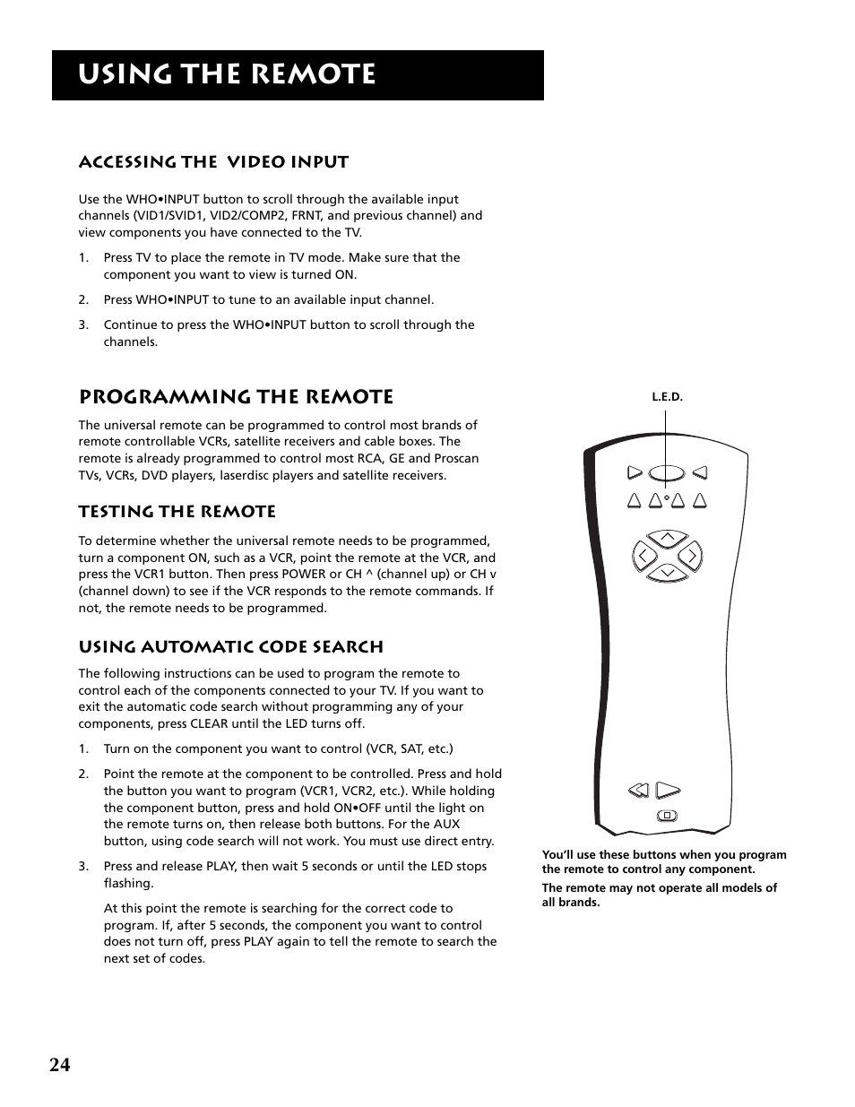 Using the remote, Programming the remote, Accessing the video input | Testing the remote, Using automatic code search | RCA P52960 User Manual | Page 26 / 64