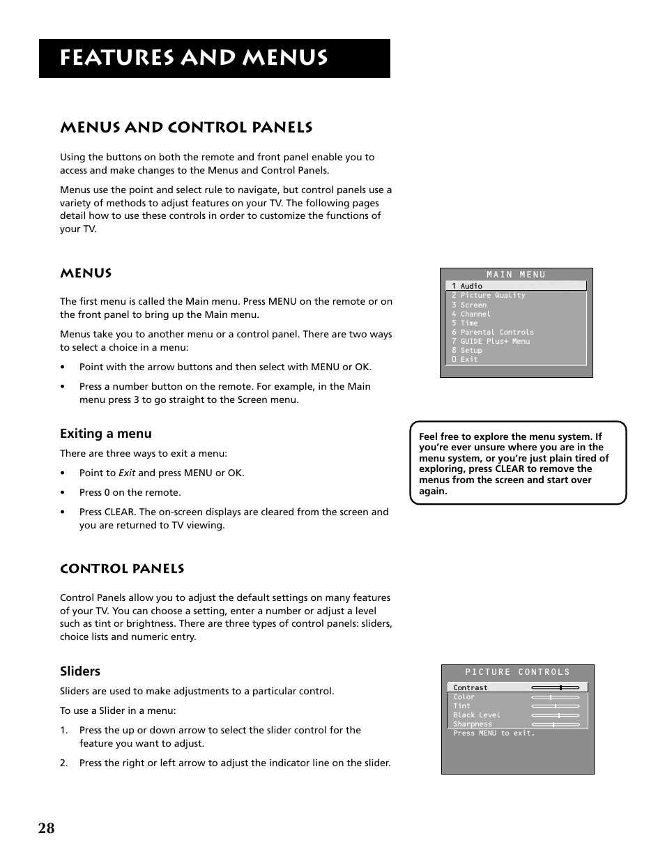 Features and menus, Menus and control panels | RCA P52960 User Manual | Page 30 / 64