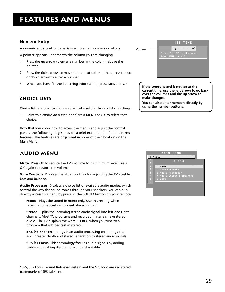 Features and menus, Audio menu, Numeric entry | Choice lists | RCA P52960 User Manual | Page 31 / 64