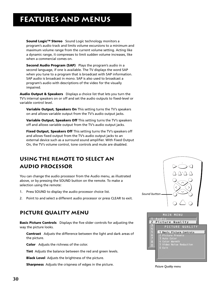 Features and menus, Using the remote to select an audio processor, Picture quality menu | RCA P52960 User Manual | Page 32 / 64