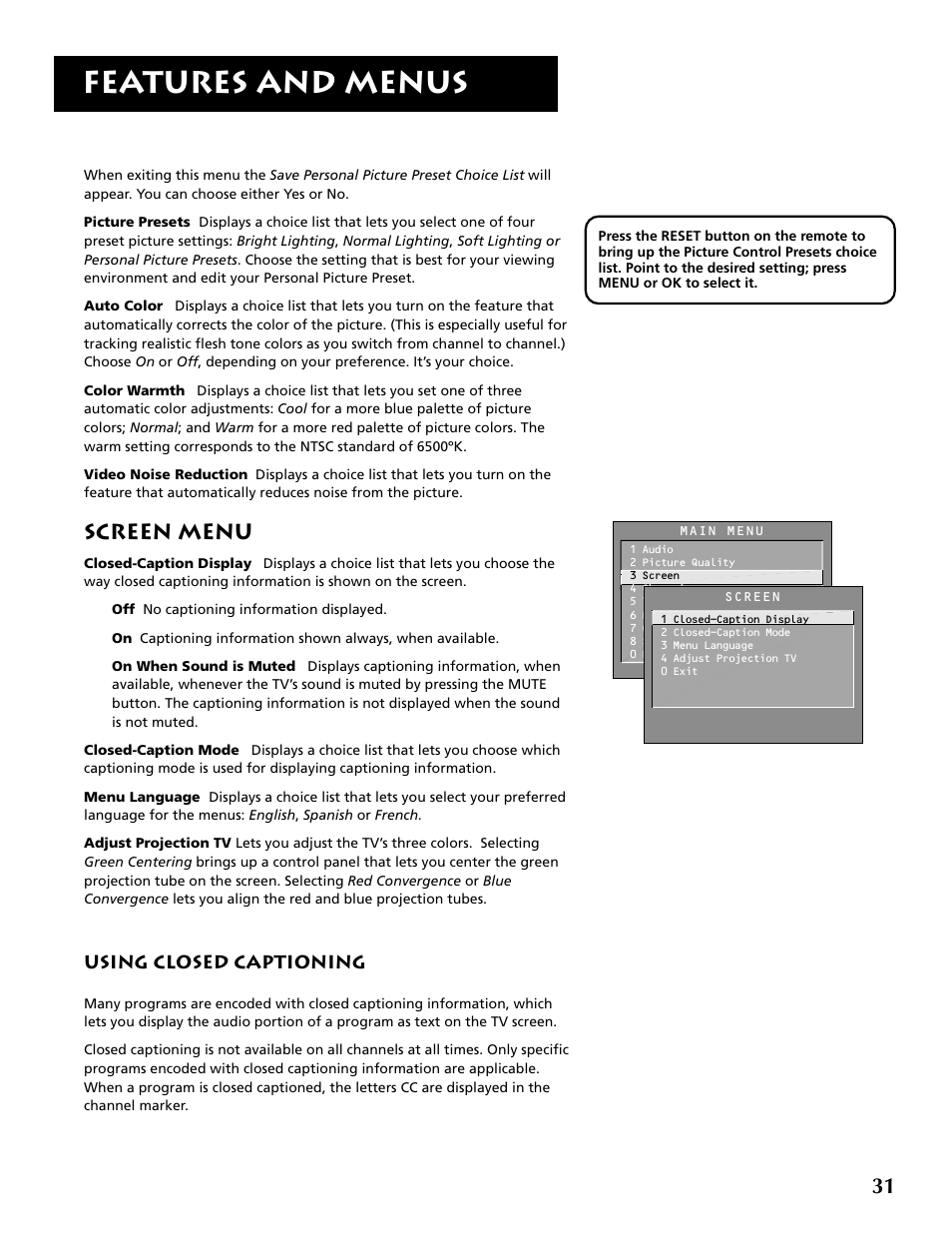 Features and menus, Screen menu | RCA P52960 User Manual | Page 33 / 64