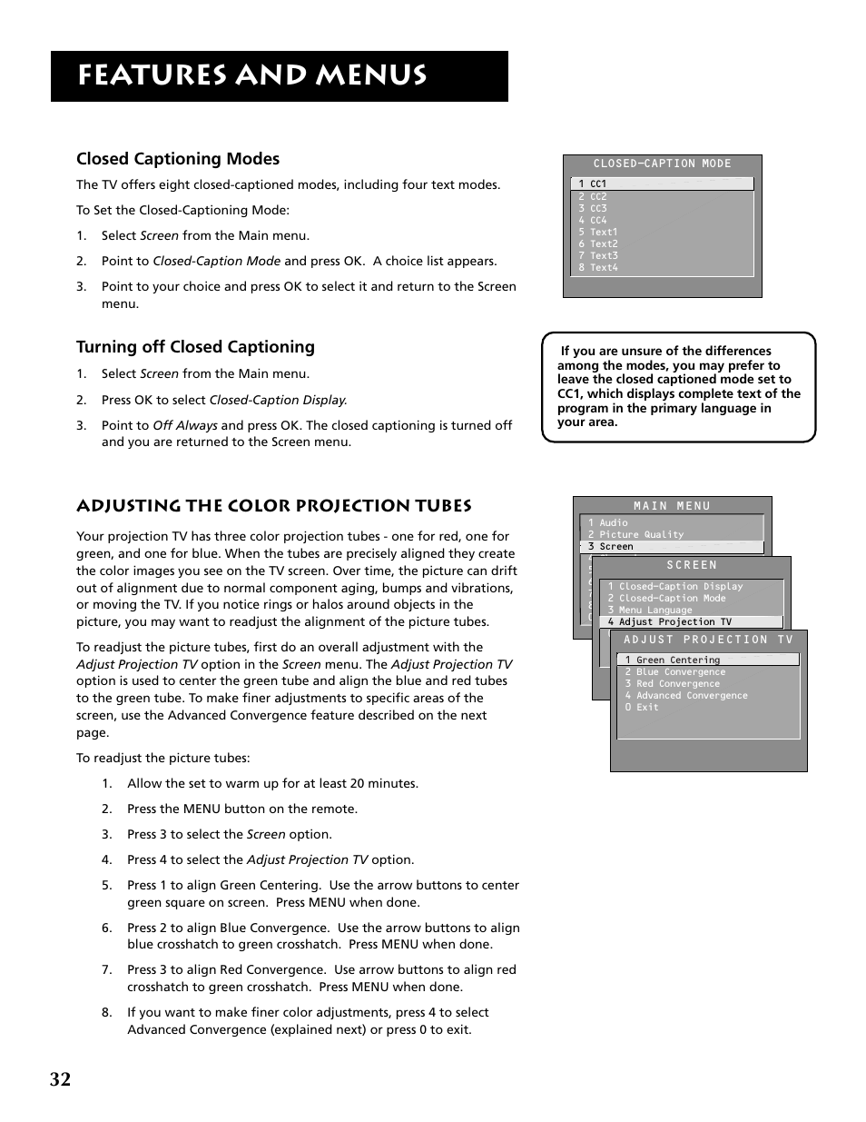 Features and menus, Closed captioning modes, Turning off closed captioning | Adjusting the color projection tubes | RCA P52960 User Manual | Page 34 / 64