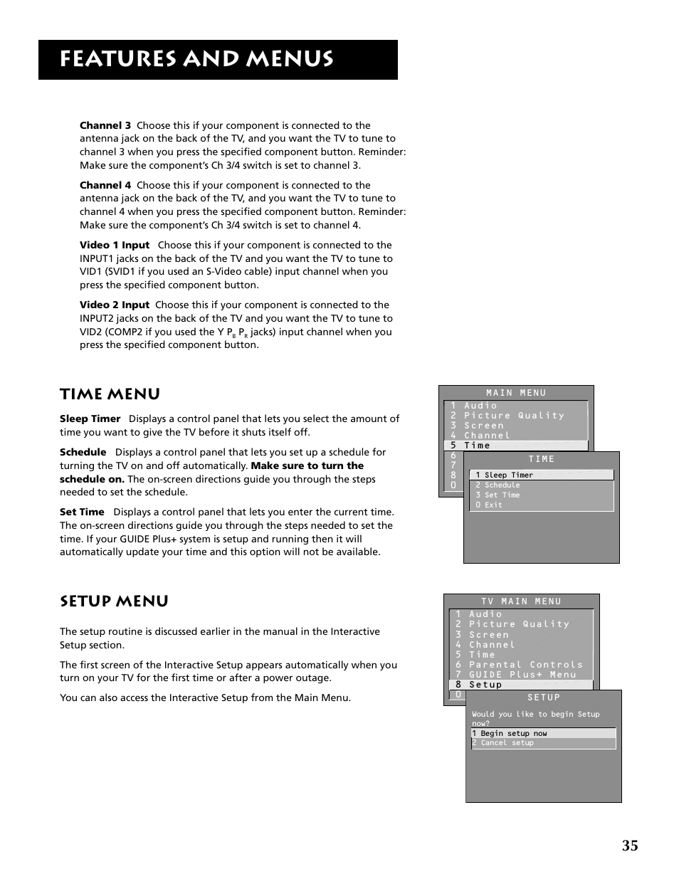 Features and menus, Time menu, Setup menu | RCA P52960 User Manual | Page 37 / 64