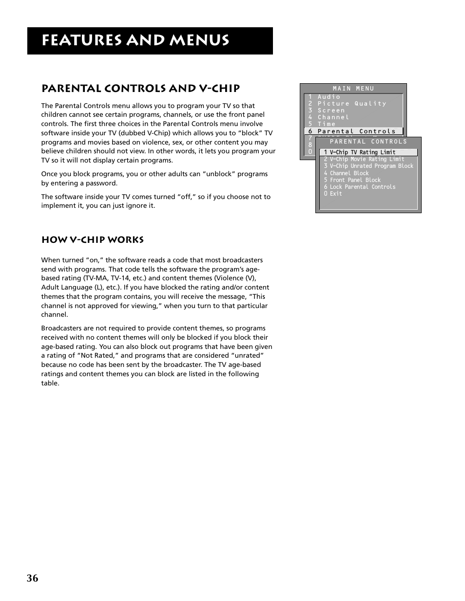 Features and menus, Parental controls and v-chip | RCA P52960 User Manual | Page 38 / 64