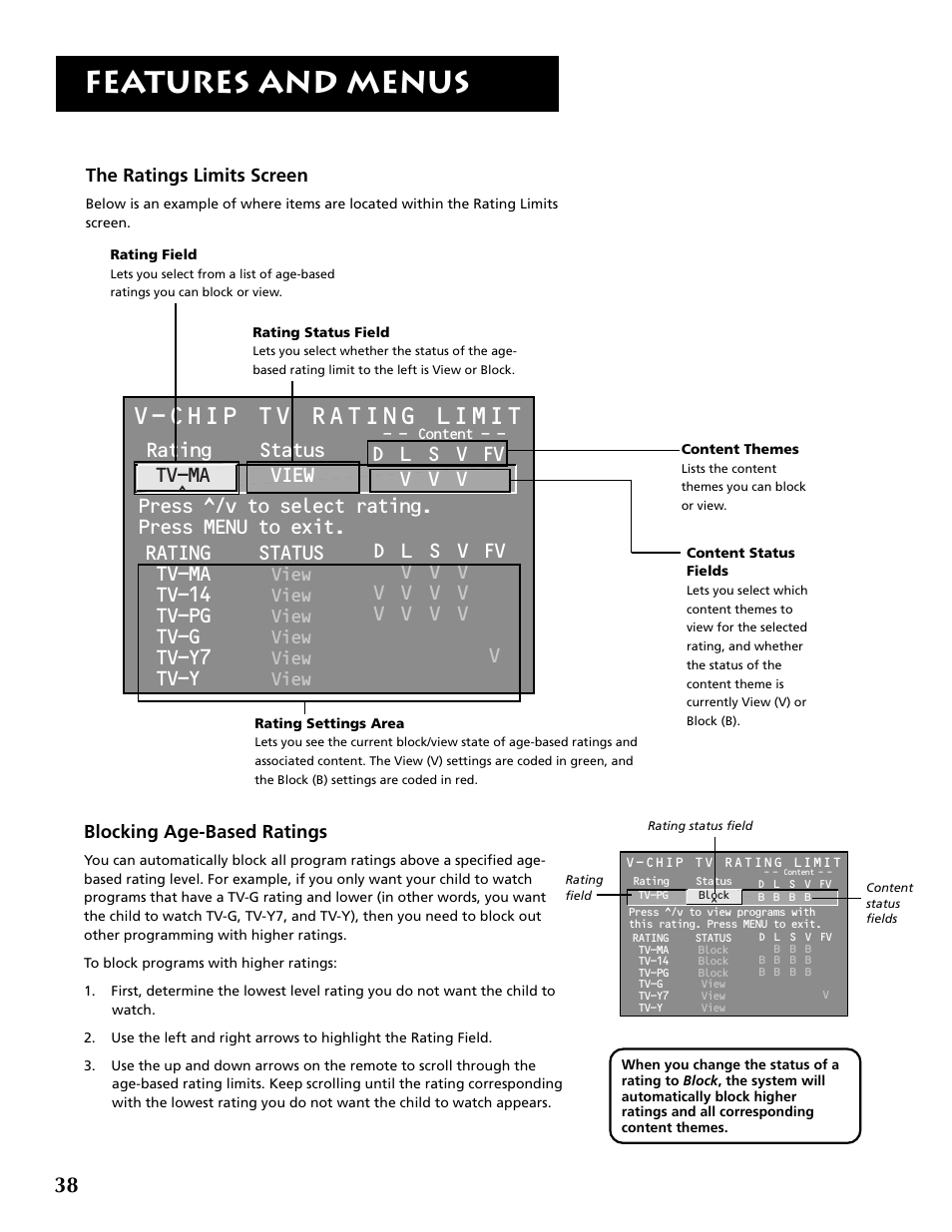 Features and menus, V-chip tv rating limit, Rating status tv-ma view | Tv-14, Tv-pg, Tv-g, Tv-y7, Tv-y, View | RCA P52960 User Manual | Page 40 / 64