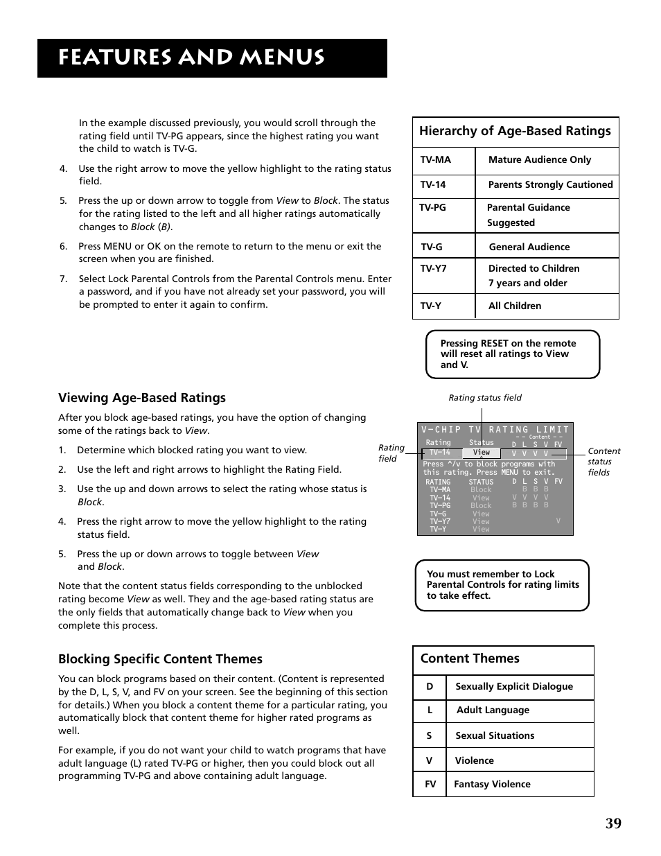 Features and menus, Hierarchy of age-based ratings, Viewing age-based ratings | Blocking specific content themes, Content themes | RCA P52960 User Manual | Page 41 / 64