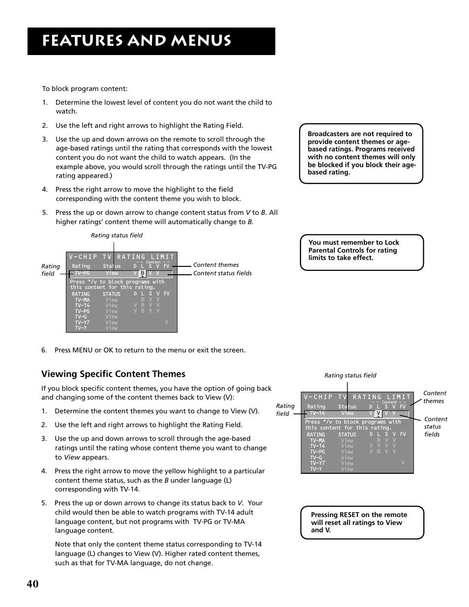 Features and menus, Viewing specific content themes | RCA P52960 User Manual | Page 42 / 64