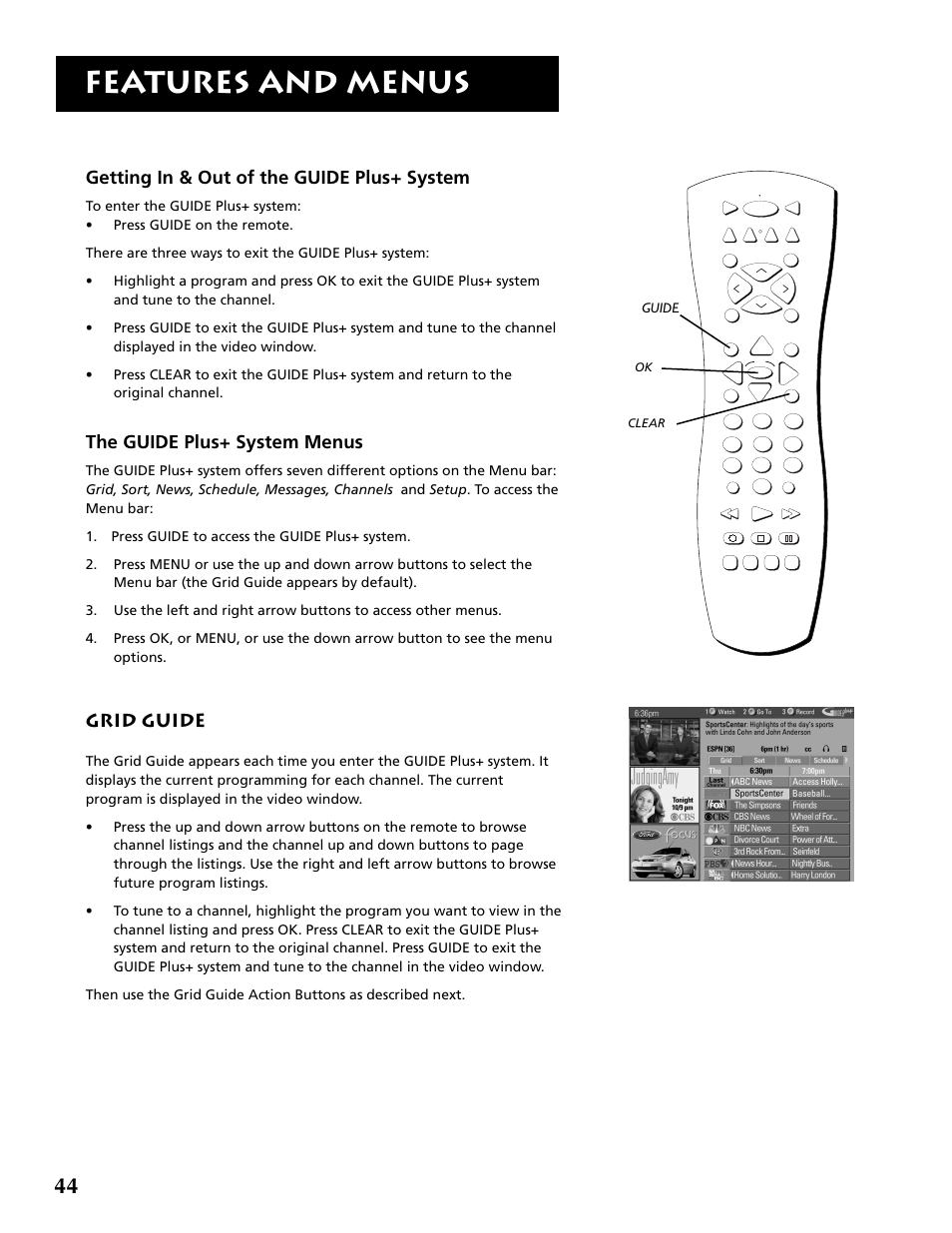 Features and menus, Getting in & out of the guide plus+ system, The guide plus+ system menus | Grid guide, Guide | RCA P52960 User Manual | Page 46 / 64