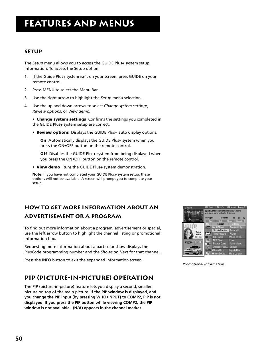 Features and menus, Pip (picture-in-picture) operation | RCA P52960 User Manual | Page 52 / 64