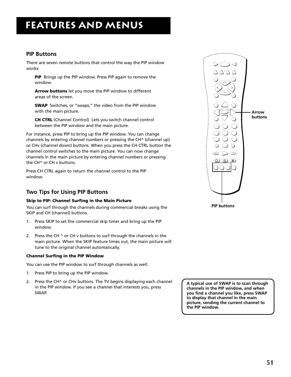 Features and menus, Pip buttons, Two tips for using pip buttons | RCA P52960 User Manual | Page 53 / 64