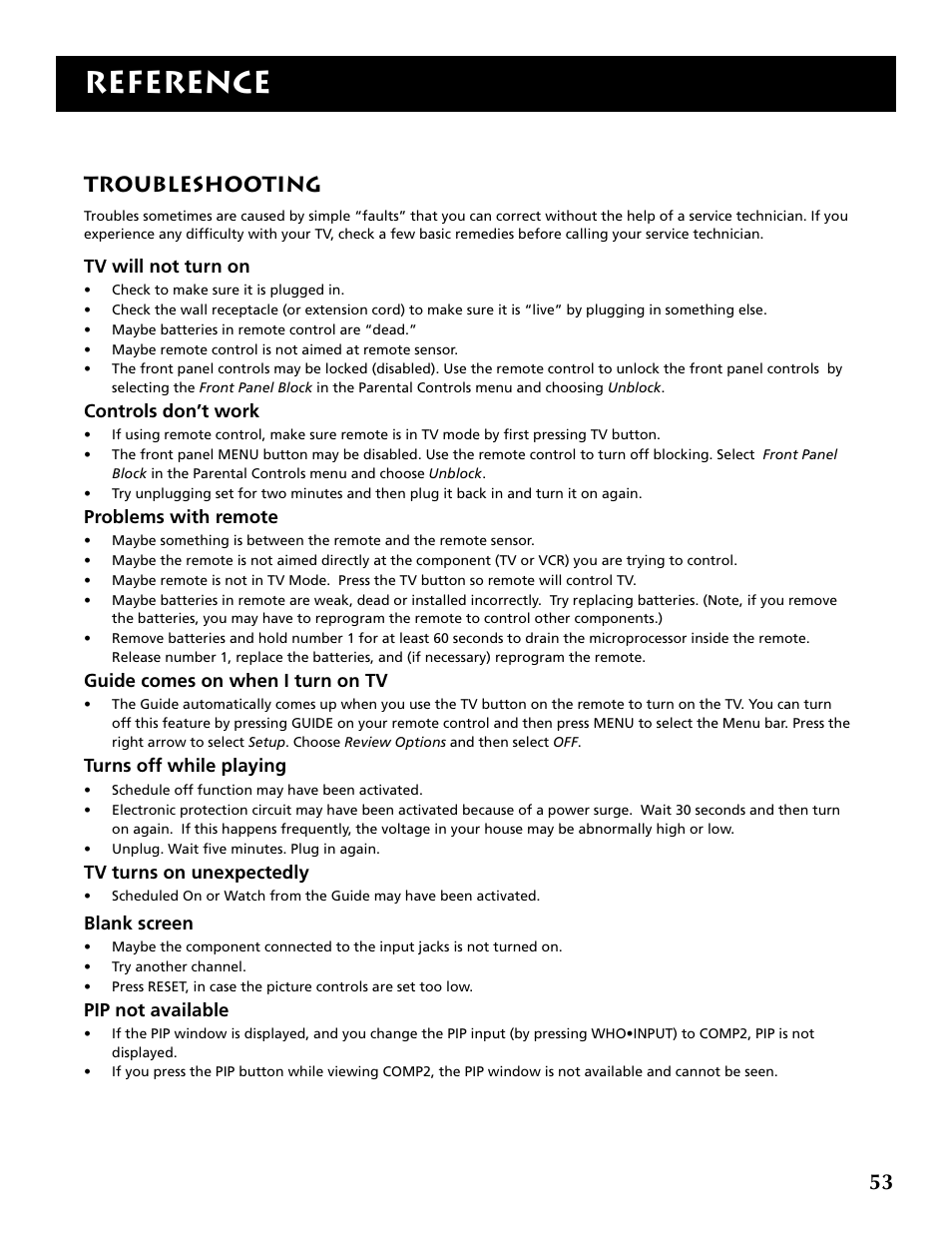 Reference, Troubleshooting | RCA P52960 User Manual | Page 55 / 64