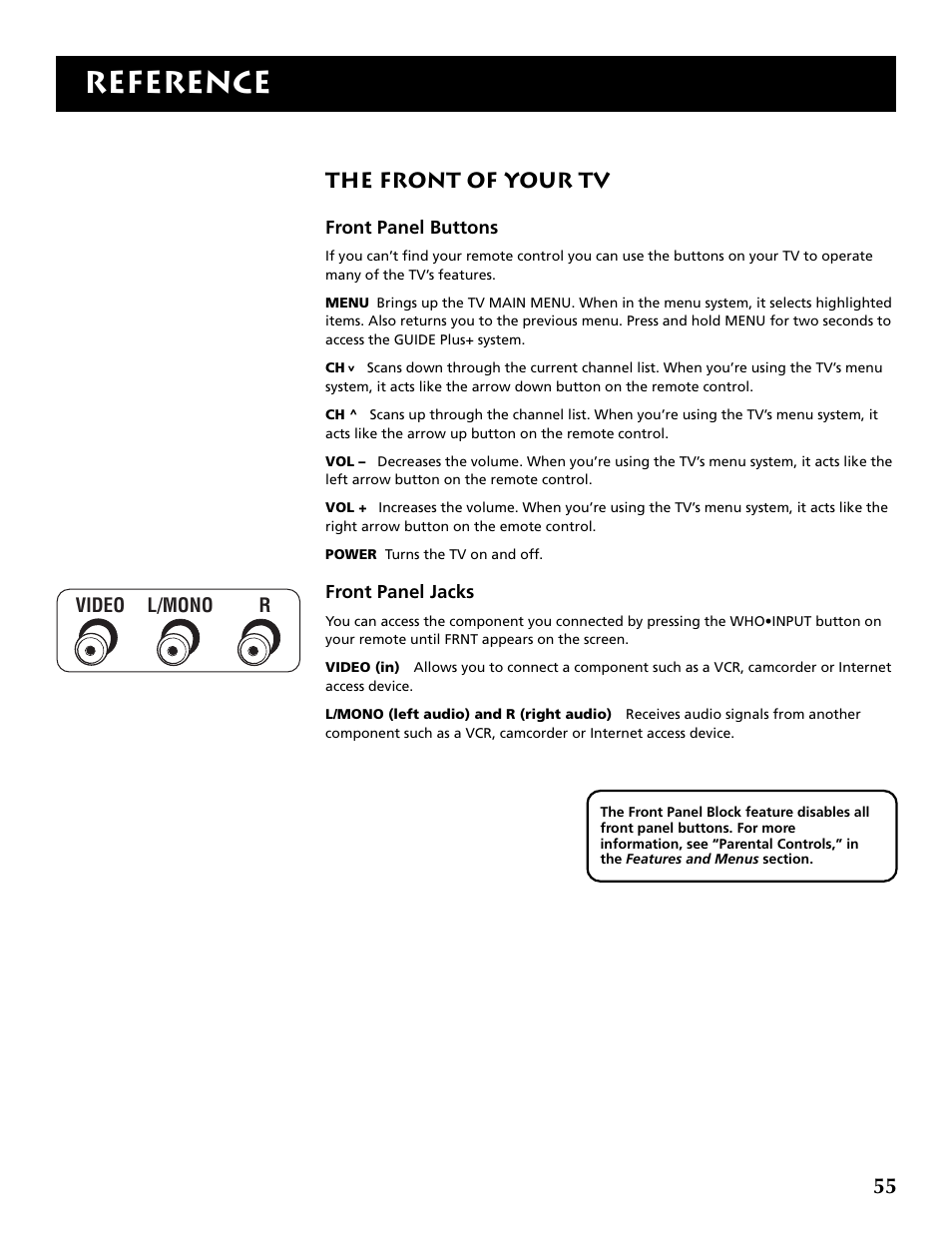 Reference, The front of your tv | RCA P52960 User Manual | Page 57 / 64