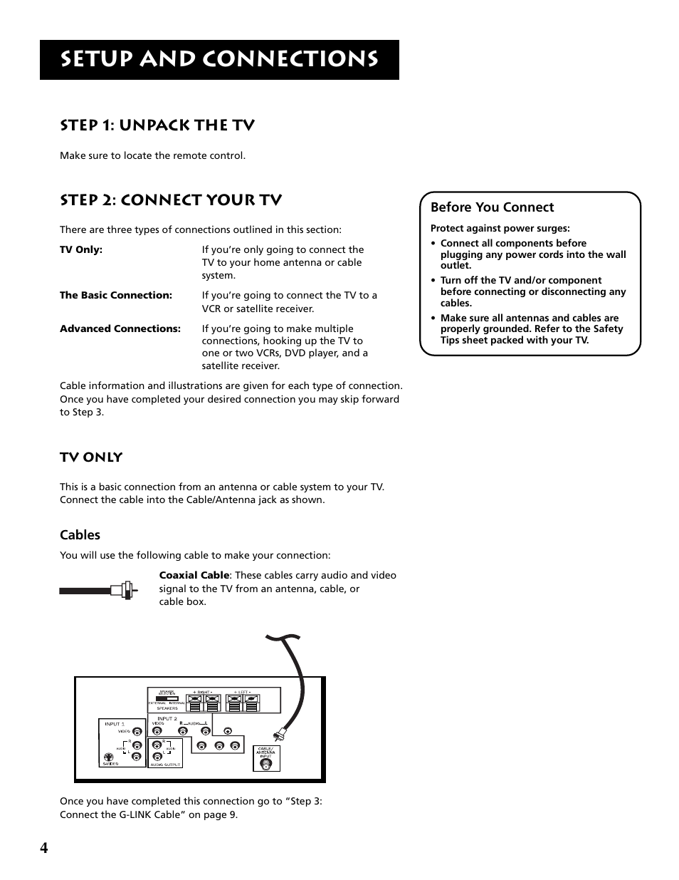 Setup and connections, 4step 1: unpack the tv, Step 2: connect your tv | Tv only, Cables, Before you connect | RCA P52960 User Manual | Page 6 / 64