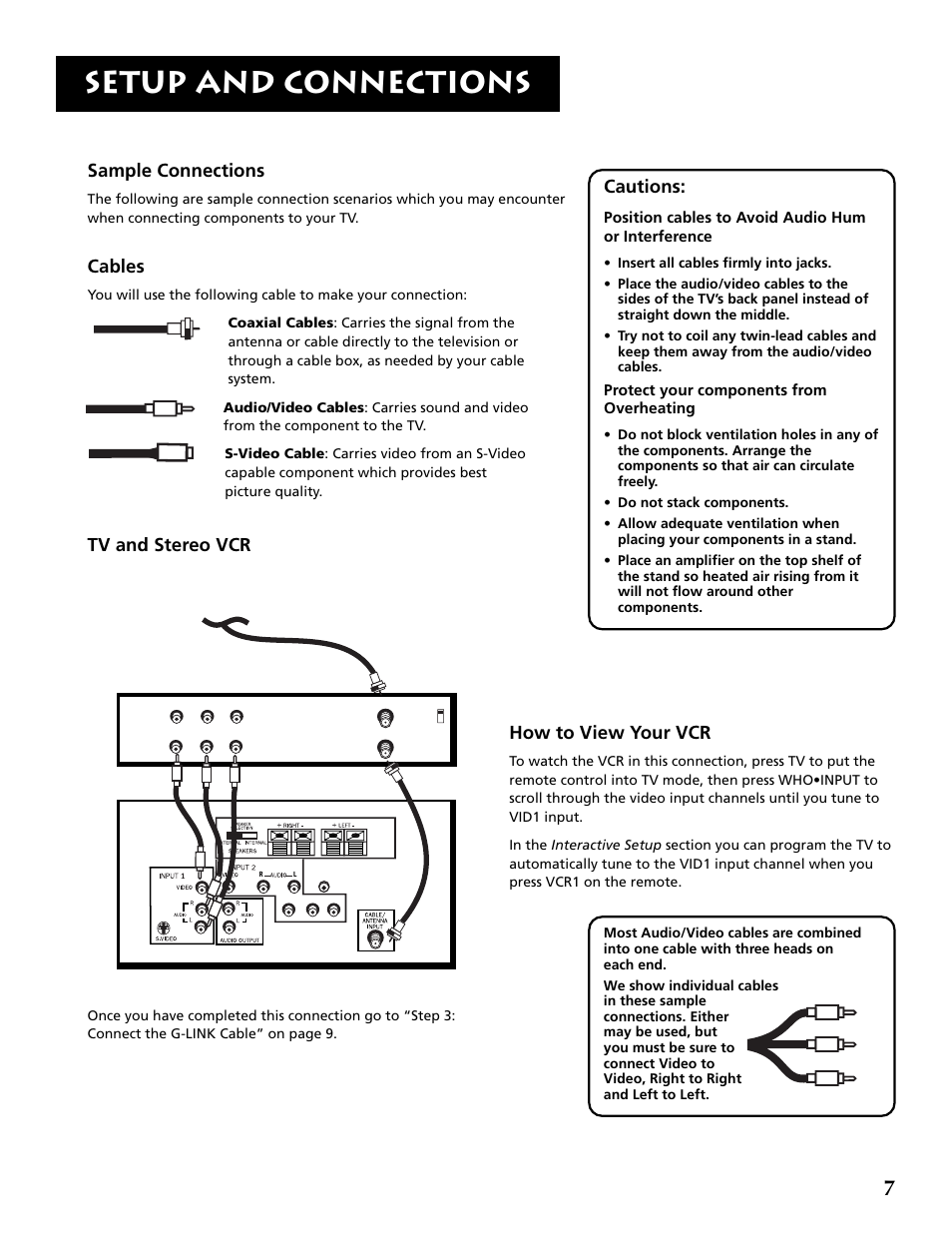 Setup and connections, Sample connections, Cables | Tv and stereo vcr, Cautions, How to view your vcr | RCA P52960 User Manual | Page 9 / 64