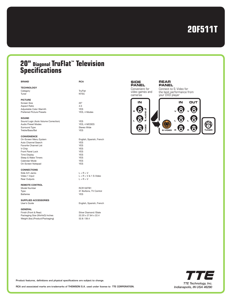 Truflat, Television specifications, Diagonal | RCA TruFlat 20F511T User Manual | Page 2 / 2
