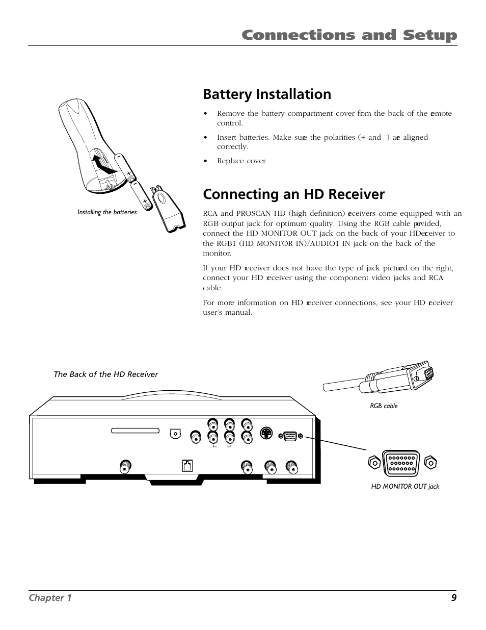 Connections and setup battery installation, Connecting an hd receiver, Chapter 1 9 | RCA Scenium PHD50300 User Manual | Page 11 / 62
