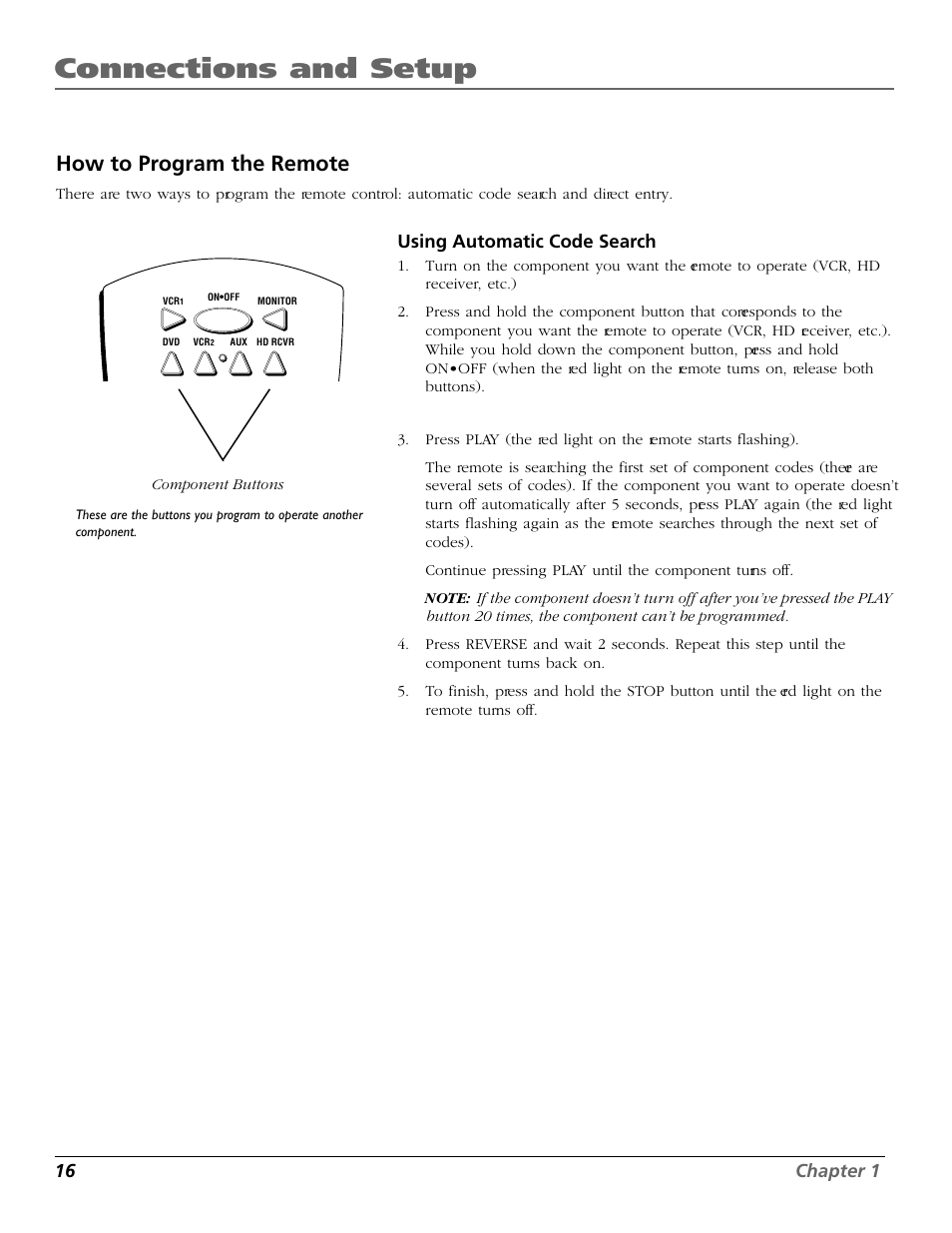 Connections and setup, How to program the remote, 16 chapter 1 | Using automatic code search | RCA Scenium PHD50300 User Manual | Page 18 / 62