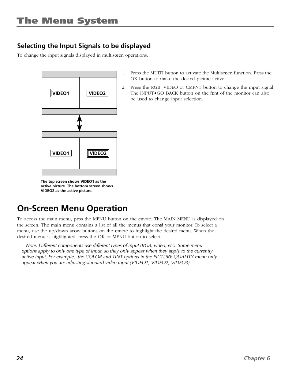 The menu system, On-screen menu operation, Selecting the input signals to be displayed | RCA Scenium PHD50300 User Manual | Page 26 / 62