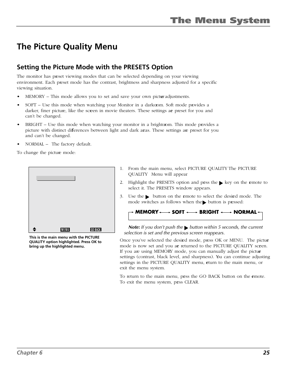 The menu system the picture quality menu, Setting the picture mode with the presets option | RCA Scenium PHD50300 User Manual | Page 27 / 62