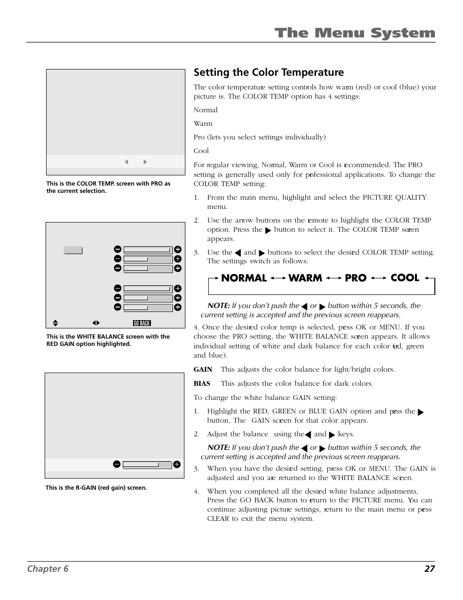The menu system, Setting the color temperature, Chapter 6 27 | RCA Scenium PHD50300 User Manual | Page 29 / 62