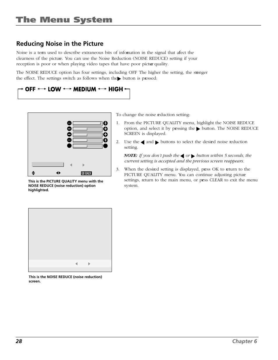 The menu system, Reducing noise in the picture, 28 chapter 6 | RCA Scenium PHD50300 User Manual | Page 30 / 62