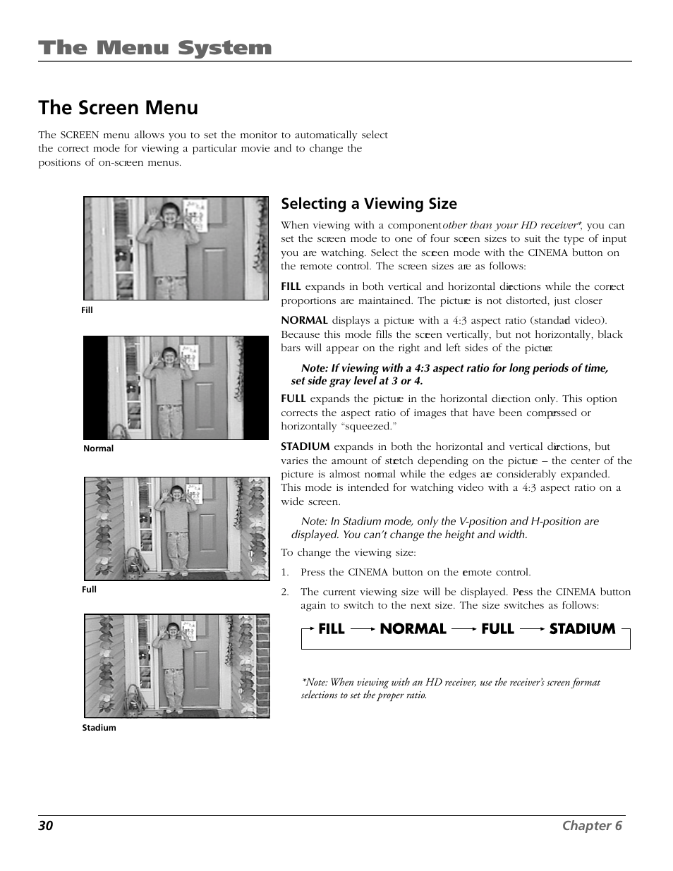 The menu system, The screen menu, Selecting a viewing size | RCA Scenium PHD50300 User Manual | Page 32 / 62