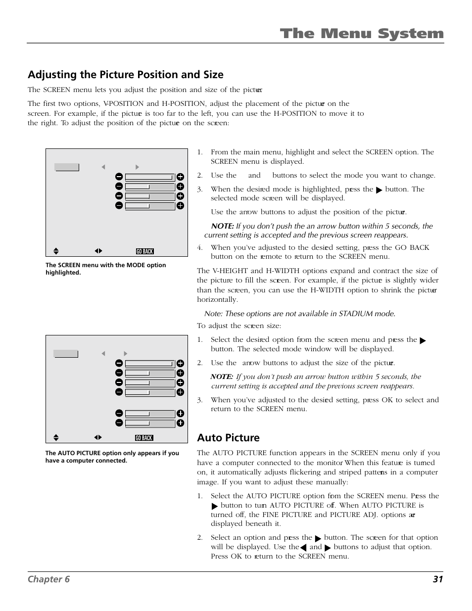 The menu system, Adjusting the picture position and size, Auto picture | Chapter 6 31 | RCA Scenium PHD50300 User Manual | Page 33 / 62