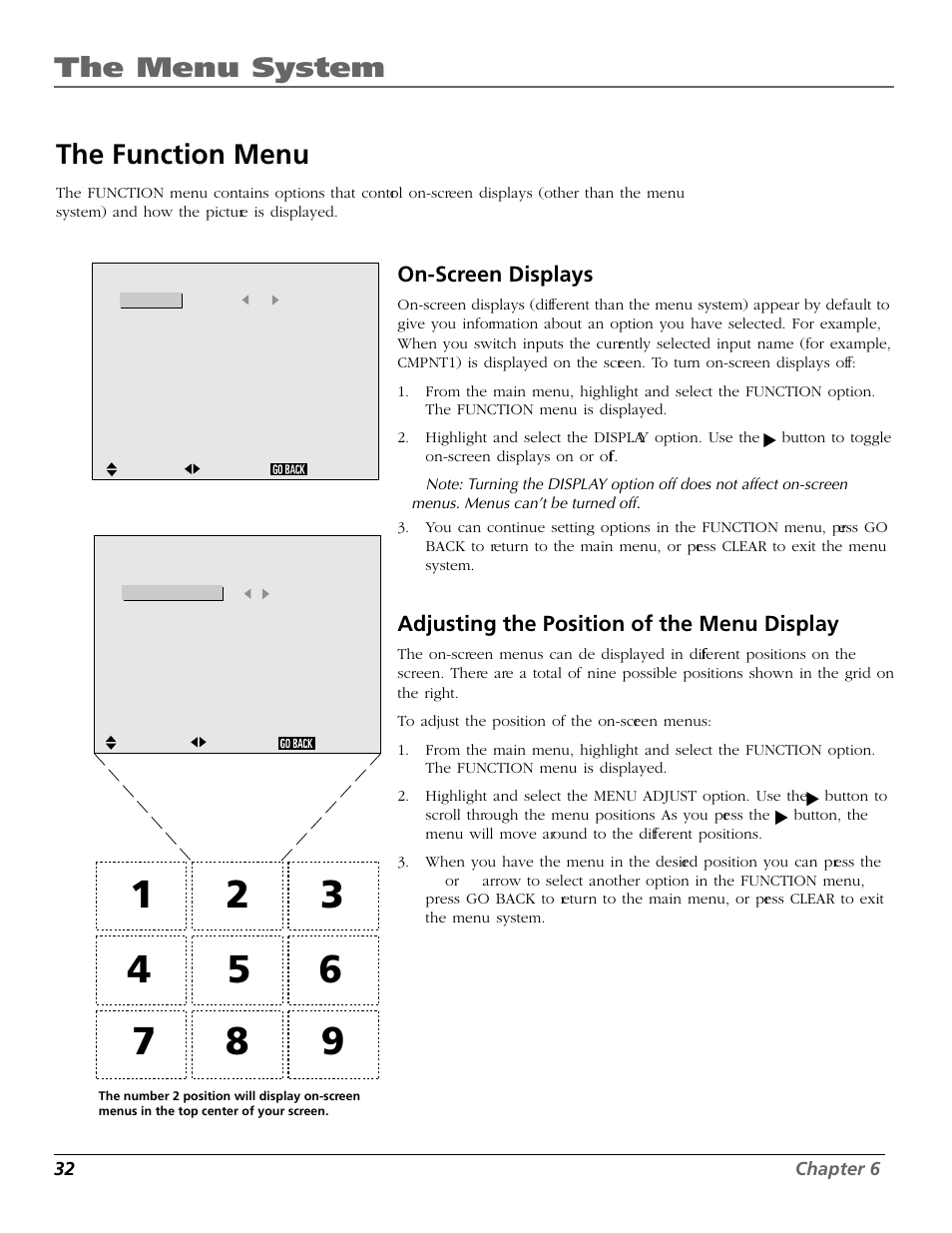 The menu system, The function menu, On-screen displays | Adjusting the position of the menu display | RCA Scenium PHD50300 User Manual | Page 34 / 62