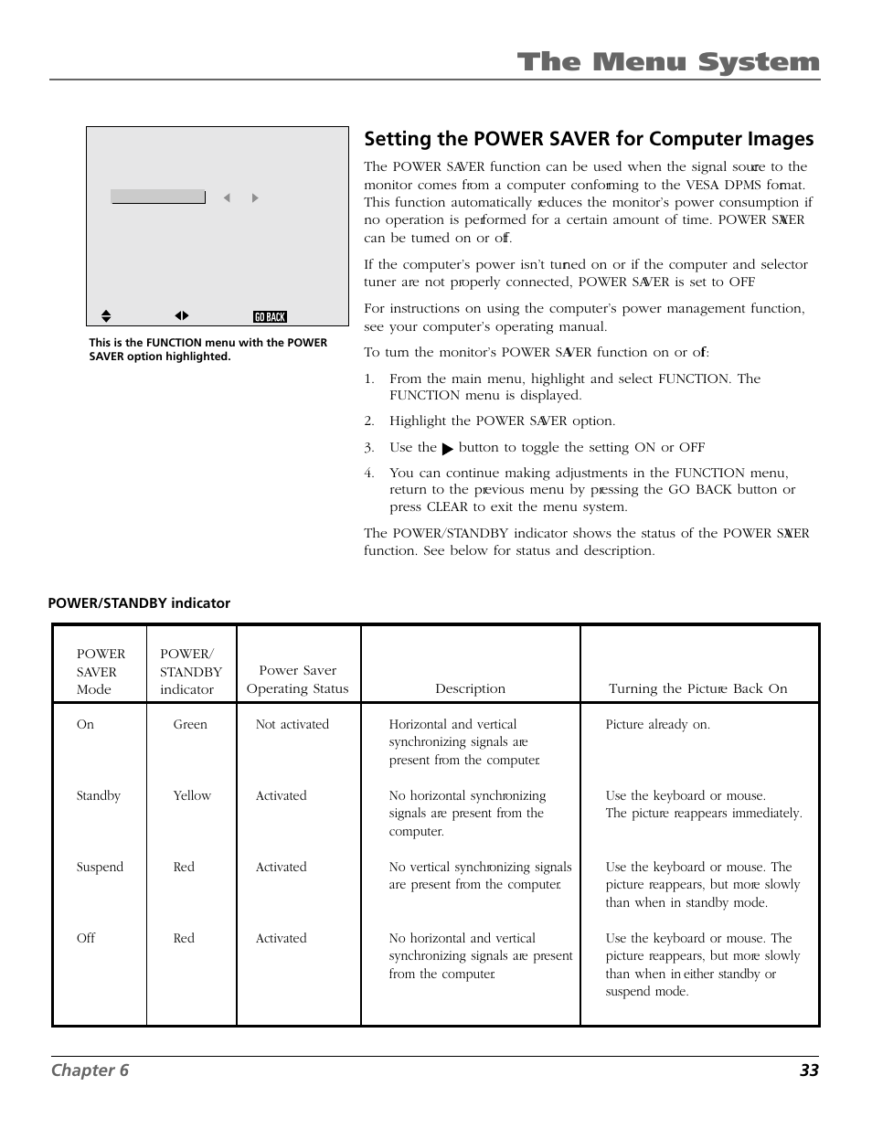 The menu system, Setting the power saver for computer images, Chapter 6 33 | RCA Scenium PHD50300 User Manual | Page 35 / 62