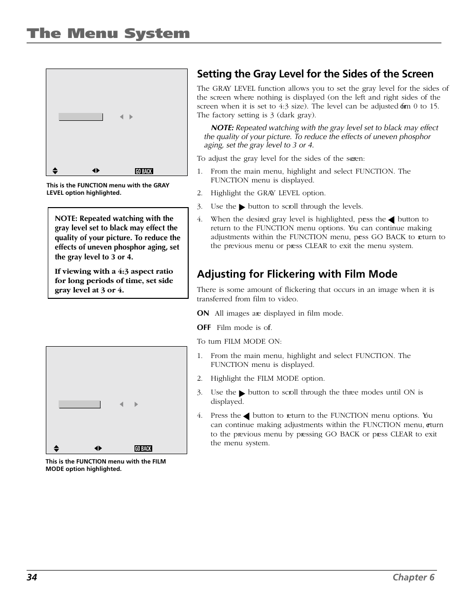 The menu system, Setting the gray level for the sides of the screen, Adjusting for flickering with film mode | 34 chapter 6 | RCA Scenium PHD50300 User Manual | Page 36 / 62