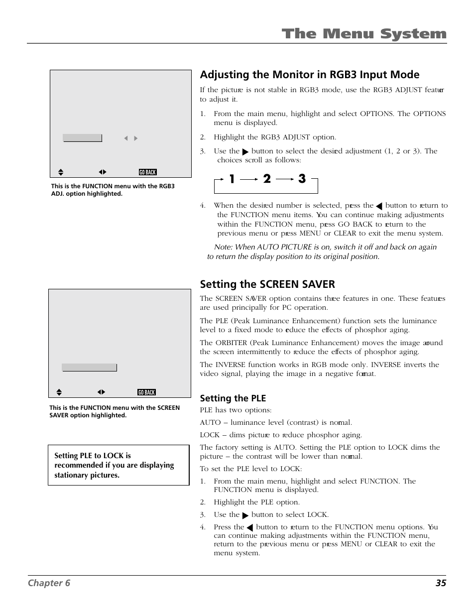 The menu system, Adjusting the monitor in rgb3 input mode, Setting the screen saver | Chapter 6 35, Setting the ple | RCA Scenium PHD50300 User Manual | Page 37 / 62