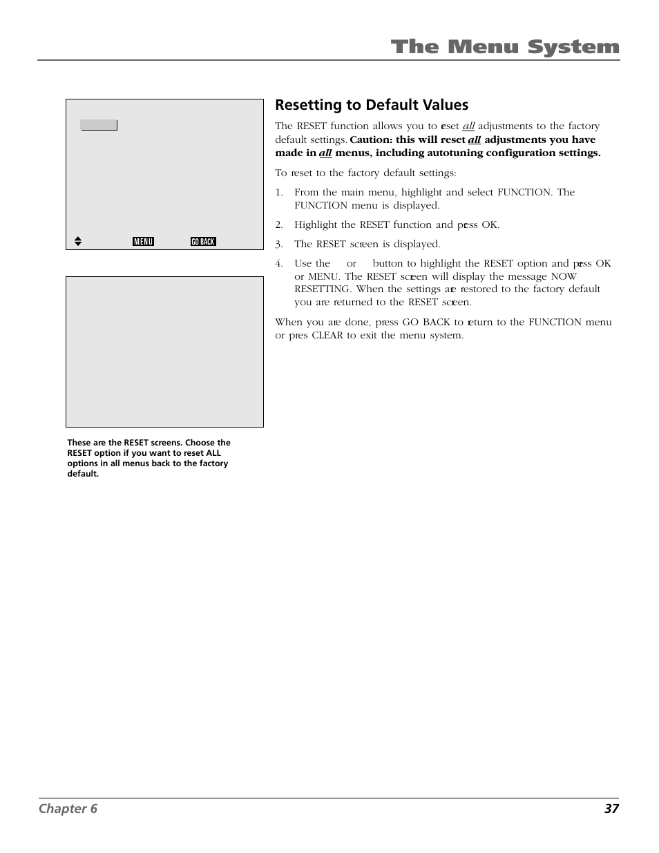 The menu system, Resetting to default values | RCA Scenium PHD50300 User Manual | Page 39 / 62