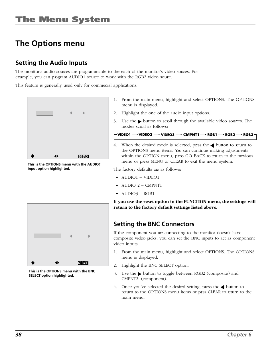 The menu system, The options menu, Setting the audio inputs | Setting the bnc connectors, 38 chapter 6 | RCA Scenium PHD50300 User Manual | Page 40 / 62