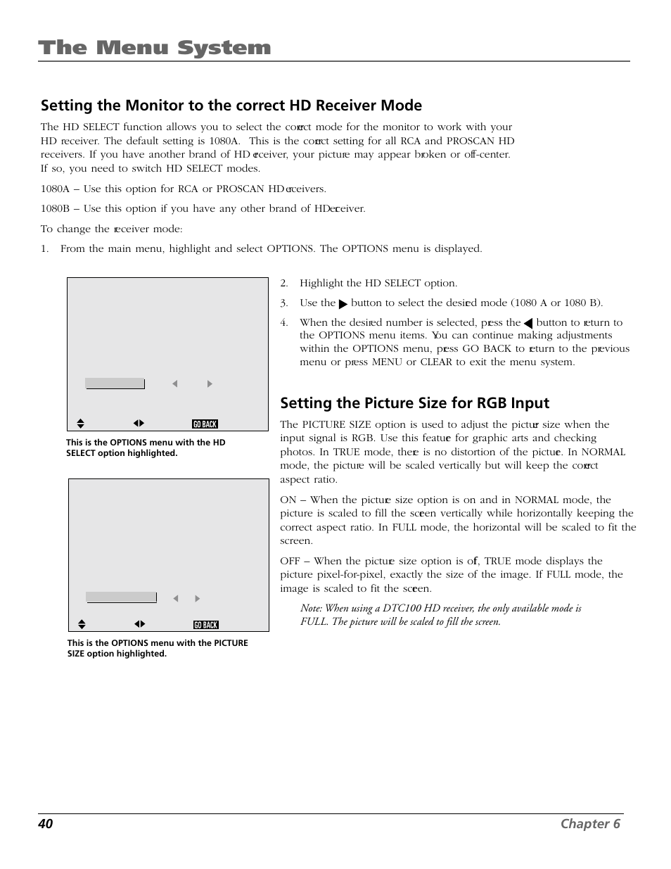 The menu system, Setting the picture size for rgb input, 40 chapter 6 | RCA Scenium PHD50300 User Manual | Page 42 / 62