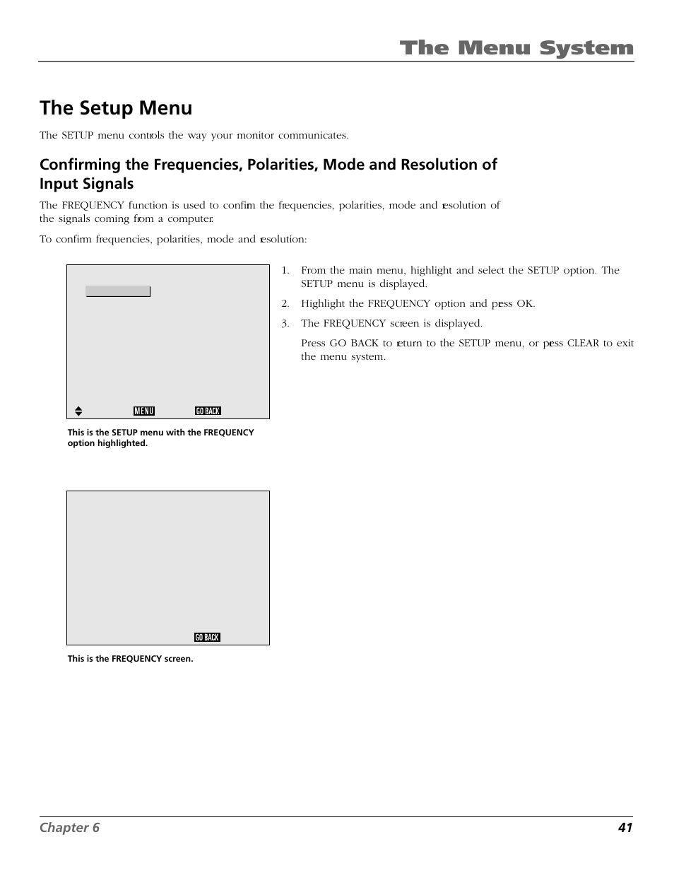 The menu system, The setup menu, Chapter 6 41 | RCA Scenium PHD50300 User Manual | Page 43 / 62