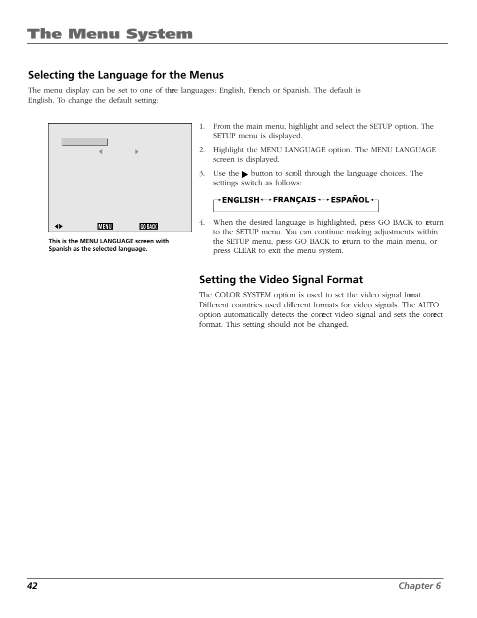 The menu system, Selecting the language for the menus, Setting the video signal format | RCA Scenium PHD50300 User Manual | Page 44 / 62