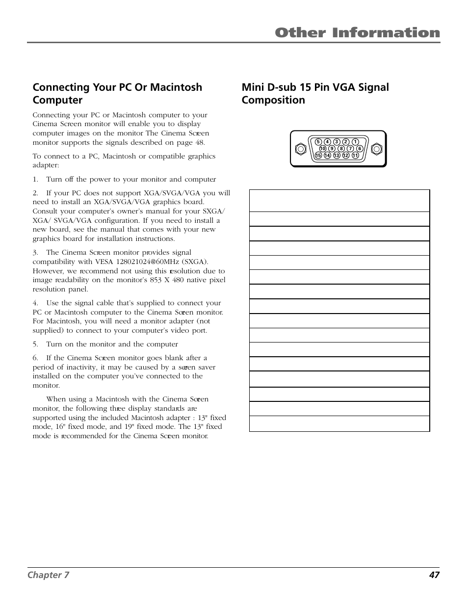 Reference, Other information, Mini d-sub 15 pin vga signal composition | Connecting your pc or macintosh computer | RCA Scenium PHD50300 User Manual | Page 49 / 62